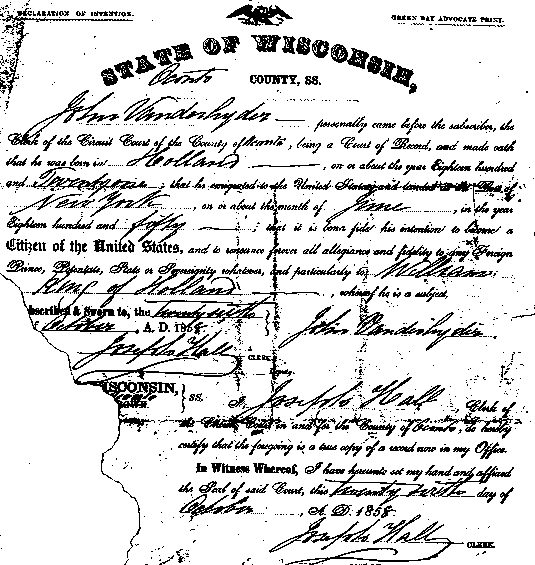 John Van der Heiden's Declaration of intent to become a citizen